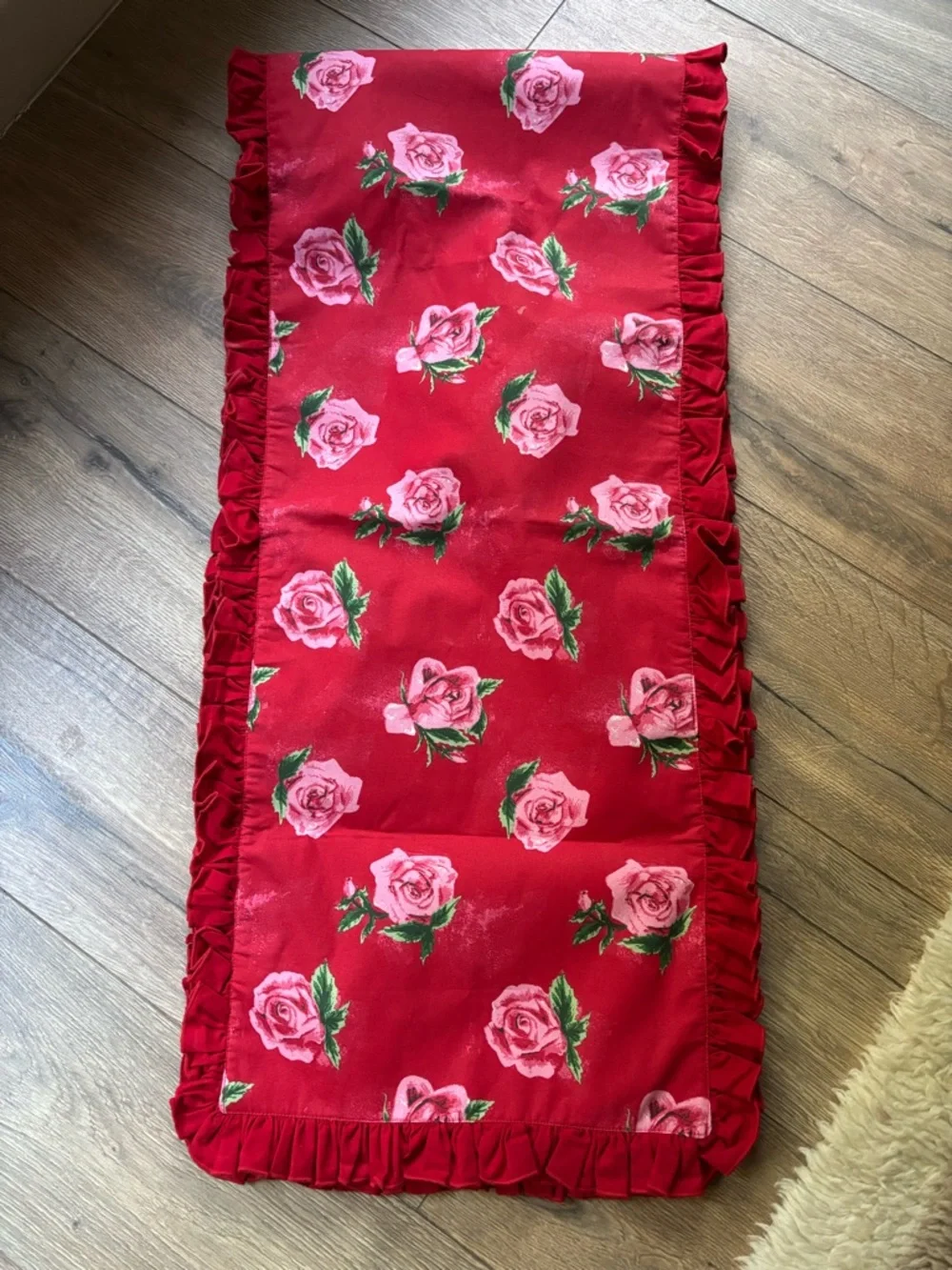 Red Floral Ruffled Rose Table Runner 74x17 Rectangle Reversible Stripe